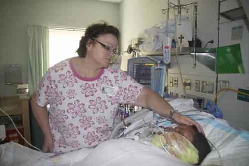 Nancy Reyer and her son Michael Hubbard two weeks after the accident