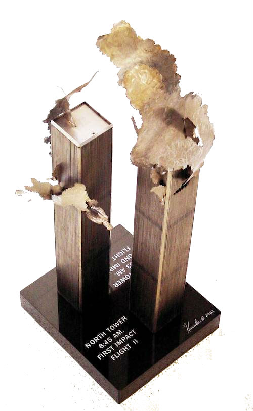 Steel sculpture of the Twin Towers by Long Island sculptor David T. Haussler, on exhibit at the Suffolk County Historical Society, Sept. 9 - Oct. 1 Sculpture by David T. Haussler
