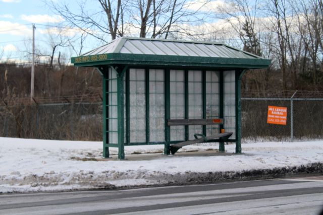 Bus shelter on CR58 and Pulaski Street. (RiverheadLOCAL photo by Peter Blasl)