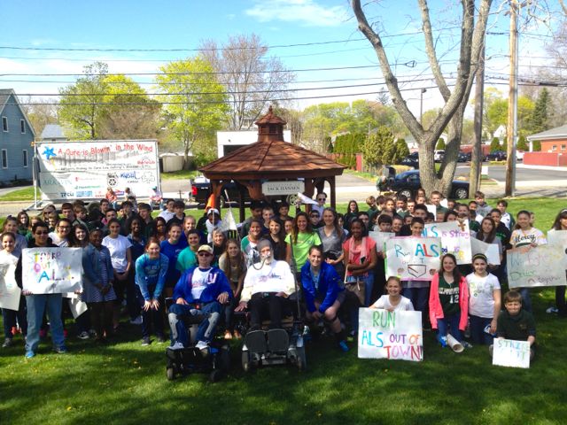 Students and supporters from McGann-Mercy and Riverhead high schools with ALS Ride for Life founder Chris Pendergast and newcomer Frank Wojcik yesterday outside Riverhead Town Hall. (Photo: Denise Civiletti)