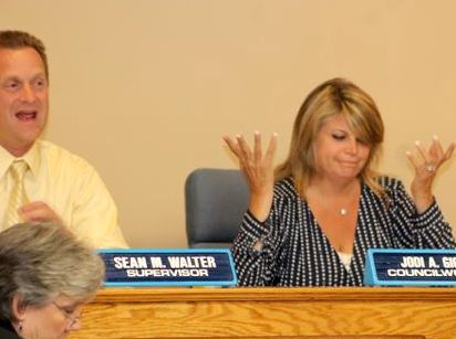 Supervisor Sean Walter and Councilwoman Jodi Giglio during an interchange at last night's town board meeting (Photo: Denise Civiletti)