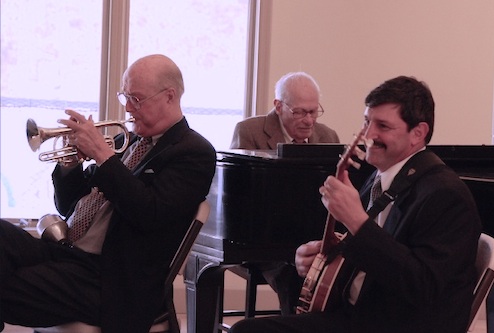 Bob Barta, right, performs with Bob Greene, on piano, and  John Bucher, on Coronet, and the New Orleans Society Orchestra in Bridgehampton, January 2011. (Photo: SunnylandJazz.com)