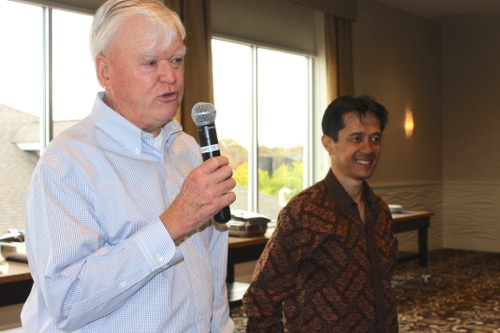 Peter Danowski introduces former exchange student Willy Saelan to the Riverhead Rotary Club earlier this month. (Photo: Denise Civiletti)