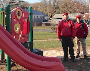 Guardian Angels on patrol in Greenport Village Saturday, in the park where a fight last month led to a shooting and machete attack on a Southold street later the same night. (Photo: Lisa Finn)