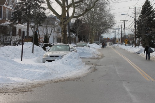 Parked cars on Second Street where town plows could not clear snow. Photo:Denise Civiletti