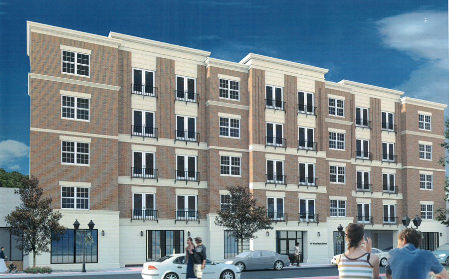 The proposed 48-unit apartment building dubbed 'Peconic Crossing' would be built on the current site of the Long Island Science Center at 11 West Main St.