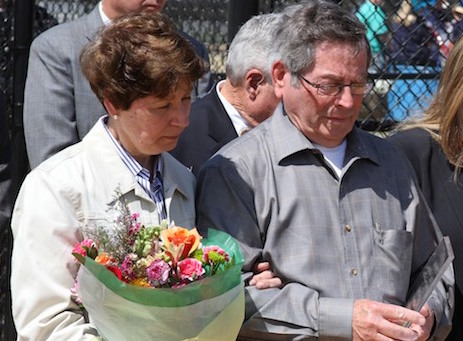 Sgt. Jonathan Keller's parents, Linda and Martin Keller of Wading River, at the April 2013 dedication of a new field in his memory at Veterans Memorial Park in Calverton. File photo: Emil Breitenbach Jr.