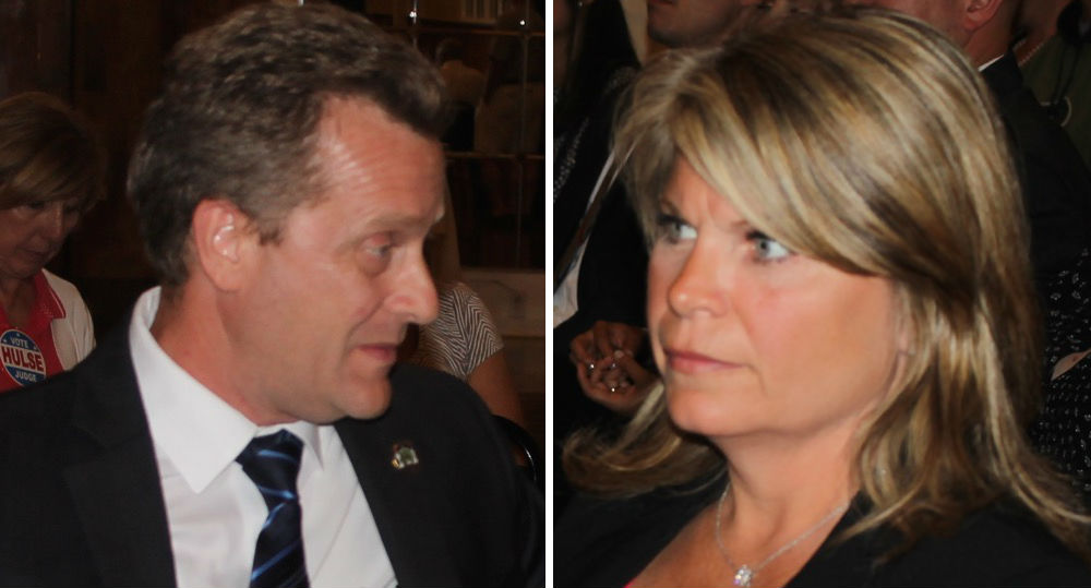 Supervisor Sean Walter and Councilwoman Jodi Giglio during the Riverhead Republican Committee convention in May, when Giglio edged out Walter for the committee designation for supervisor by half a vote.  File photos: Denise Civiletti