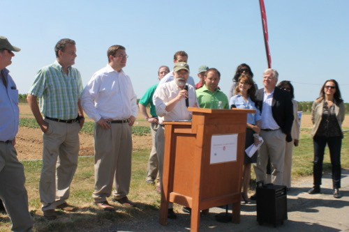 Announcing a new funding program for agricultural capital investments Friday were, from left, Long Island Wine Council executive director Steve Bate, Jamesport farmer and county planning commission member Carl Gabrielsen, county planning commission member Dave Calone, Peconic Land Trust president John Halsey, county  economic development specialist Augie Ruckdeschel, Southampton Supervisor Anna Throne-Holst, Assemblyman Fred Thiele and Cutchogue farmer and L.I. Regional Economic Development Council member Paulette Satur. Photos by Denise Civiletti