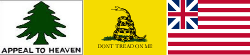 The Liberty Tree flag, left, flown by New Englanders, the rattlesnake flag, flown by southerners, and the Grand Union flag, were among Revolutionary War-era flags flown by American soldiers.