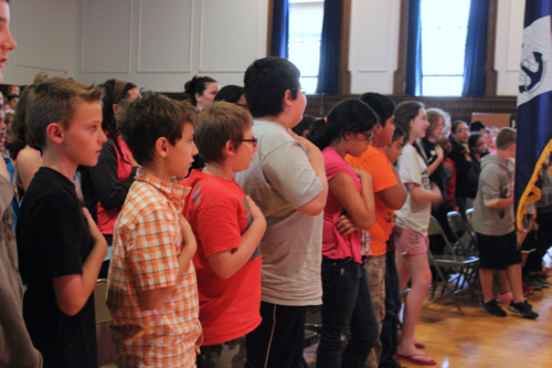 Fifth graders pledge allegiance at this morning's Flag Day ceremony at Pulaski Street. Photo: Katie Blasl