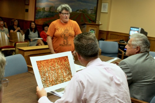 Supervisor Sean Walter looks at Sarah Prescott's "Rust in Bloom" photograph. Photo: Denise Civiletti
