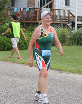 Sheila Isaacs, 78, of Shoreham, was the oldest person to finish the Jamesport Triathlon — but not the last; her 2:08:19 time placed 211 out of the event's 228 finishers. Photo: Denise Civiletti