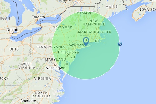 A 250-mile radius includes 12 states outside of New York. Google Maps image.