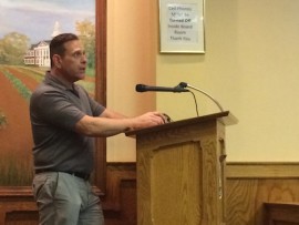 Scott Poretsky, director of the Suffolk Healthcare Cannabis Alliance, asked town board members last night to reconsider the proposed moratorium. Photo: Katie Blasl