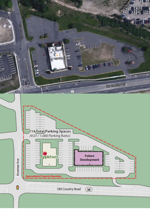 Google Earth image of the site as currently developed (top) and the parking plan submitted by the applicant.