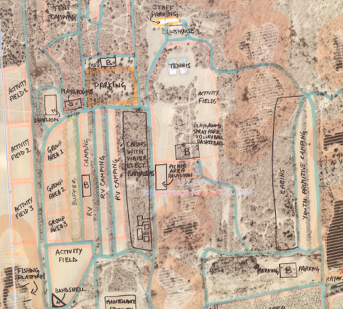 The conceptual plan, pictured partly above, includes space for campgrounds, sporting courts, playgrounds, pavilions, kayaking and paddleboarding.