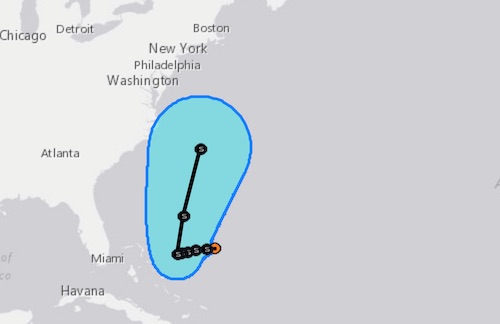 The current three-day projection cone from the National Weather Service predicts that Tropical Storm Joaquin will move up the East Coast through the week.