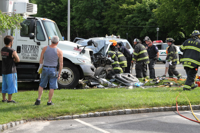 Wading River firefighters at the scene of a head-on collision on Route 25A last year.