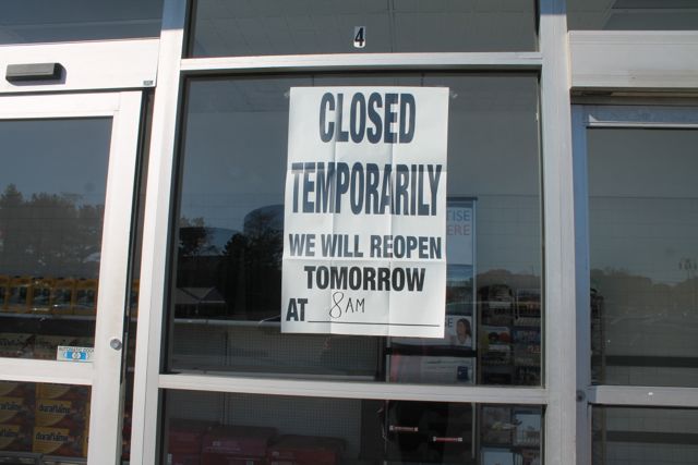 Sign on the door at Mattituck supermarket, which was closed Wednesday for transition to new ownership. Photo: Lisa Finn