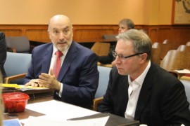 Russo (left) and Petrocelli (right) addressed the Riverhead Industrial Development Agency today. Photo: Katie Blasl