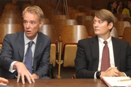 Michael Abbott, executive chairman, and Nicholas Vita, CEO of Columbia Care, negotiated with town board members at a work session last year. File photo: Denise Civiletti