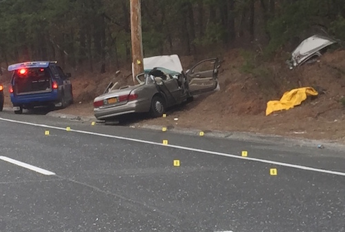 A 2004 Buick operated by 18-year-old John Michael Einfeld of Eastport left the road and struck a utility pole  on CR 51 this morning just before 7 a.m. Photo: Peter Blasl